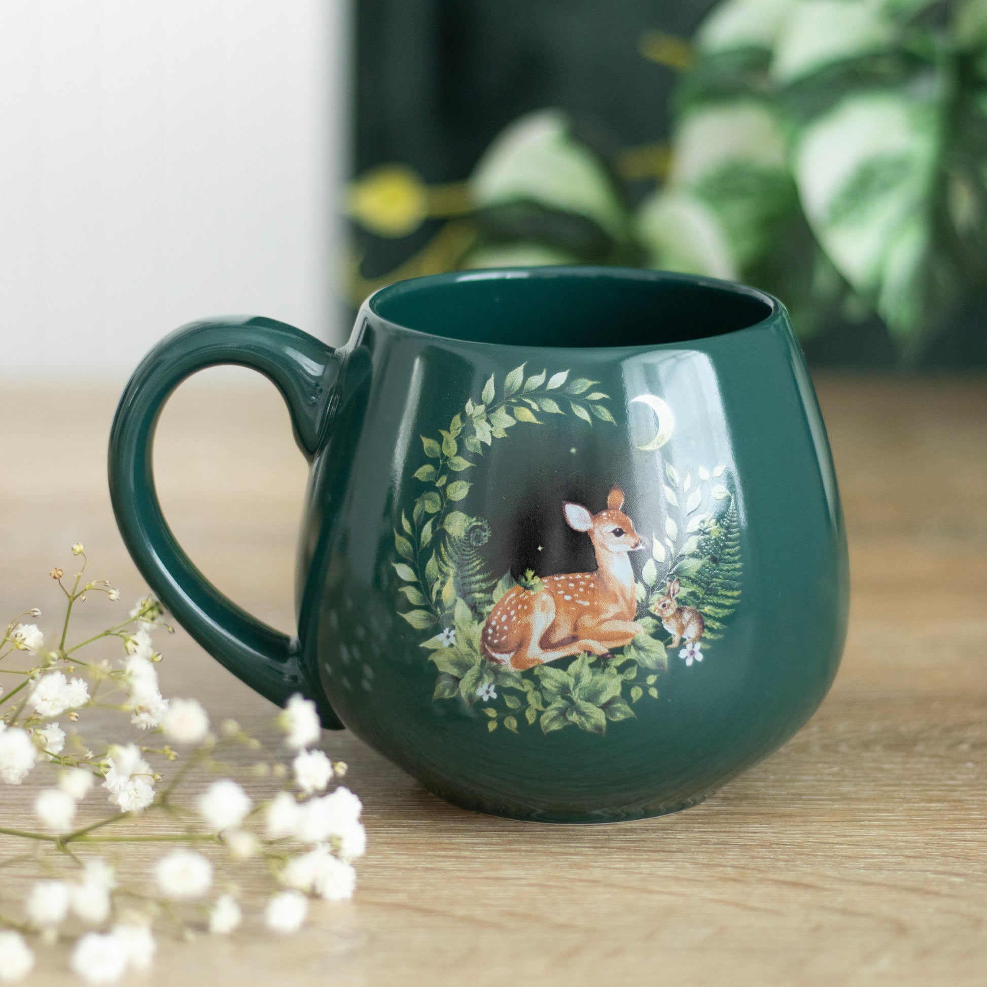 Green Fawn Rounded Mug with forest deer and bunny design, 500 ml ceramic cup in gift box, nature-inspired drinkware perfect for animal lovers.