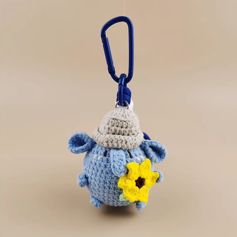 Quiet Bloom handmade crochet charm blue elephant bag charm and keyring gift for her

