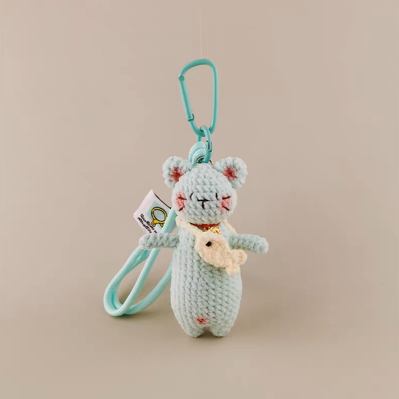 handmade crochet blue cat keychain hugging fish
