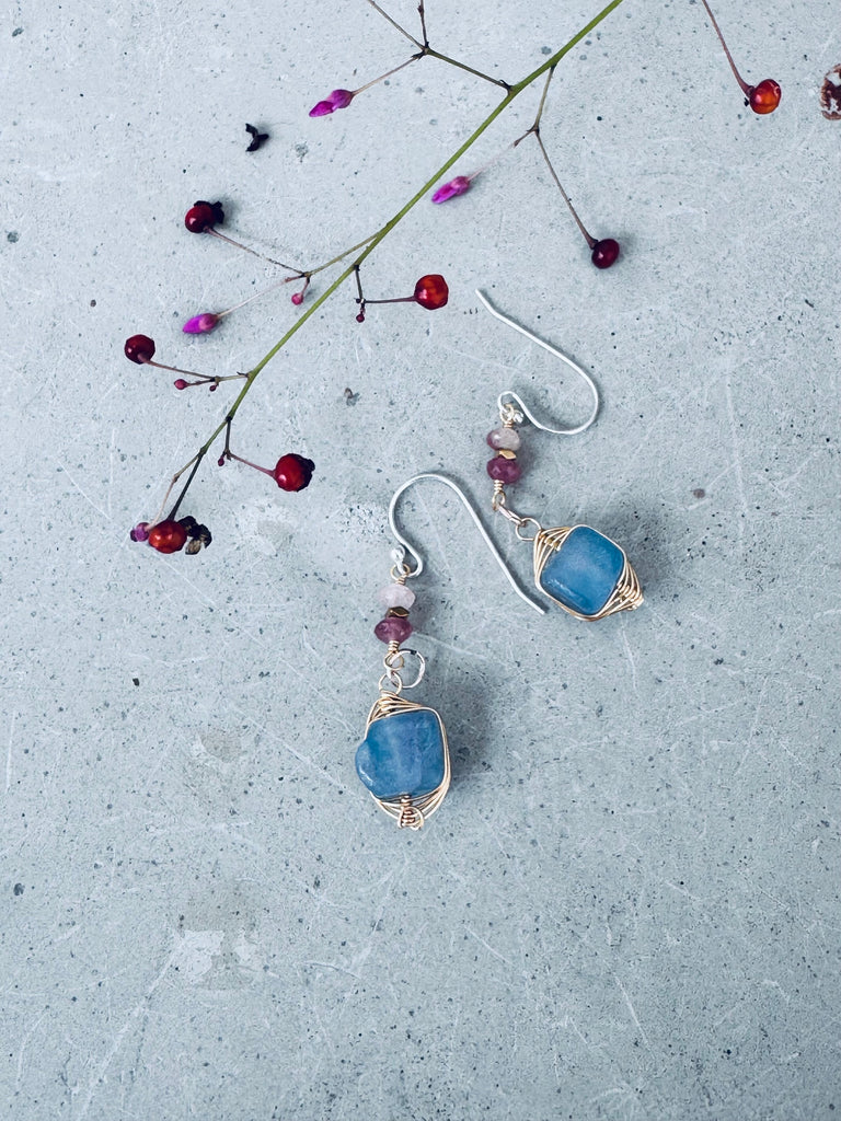Handmade Wrap Mineral Earrings – Blue & Gold