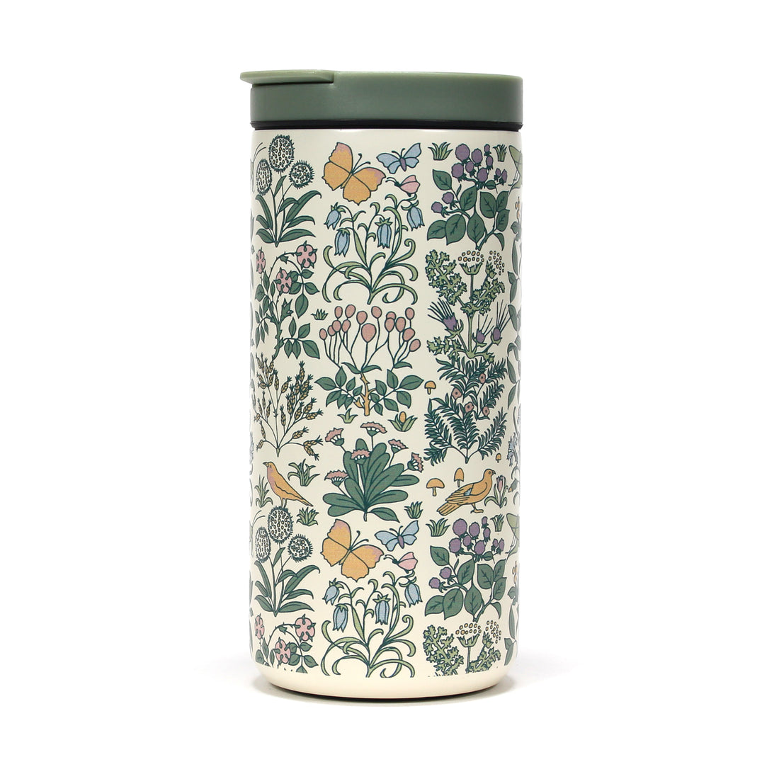 Apothecary’s Garden Travel Mug with floral botanical print and green lid, double-walled stainless steel coffee cup.