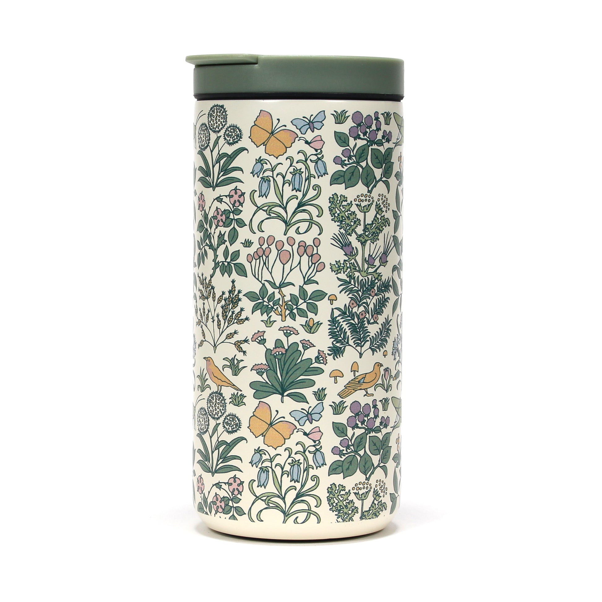 Apothecary’s Garden Travel Mug with floral botanical print and green lid, double-walled stainless steel coffee cup.