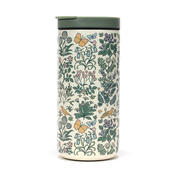 Apothecary’s Garden Travel Mug with floral botanical print and green lid, double-walled stainless steel coffee cup.
