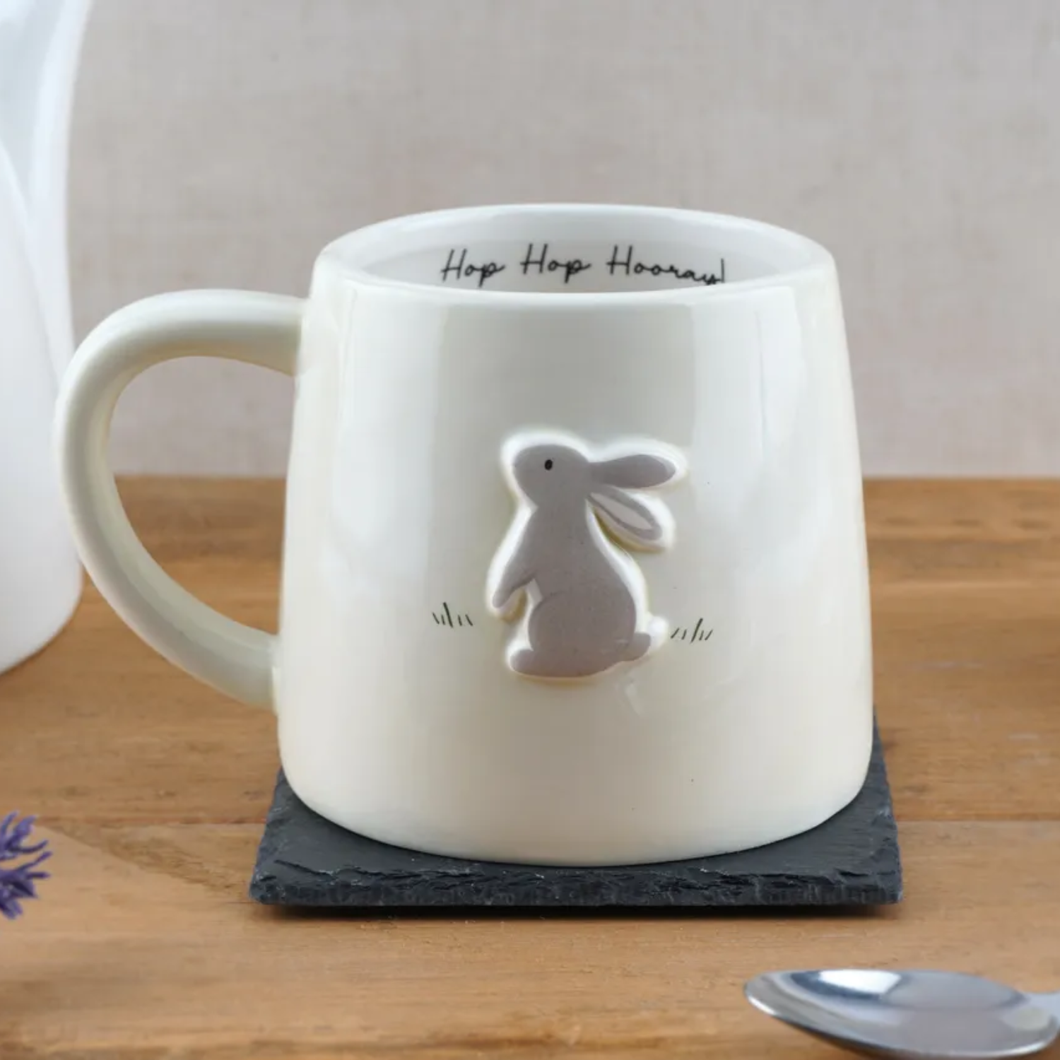 Cream ceramic bunny mug with “Hop Hop Hooray” text inside — cute Easter or spring gift mug in decorative gift box.