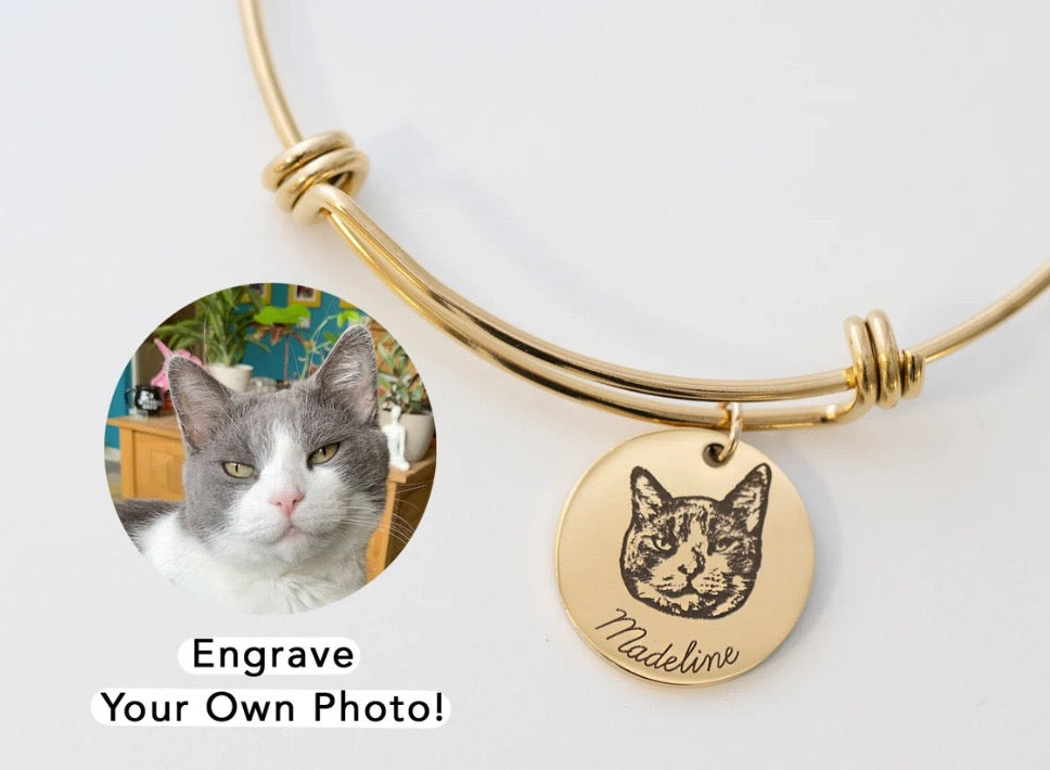 Personalised Pet Photo Bangle – Custom Pet Portrait & Name Engraved