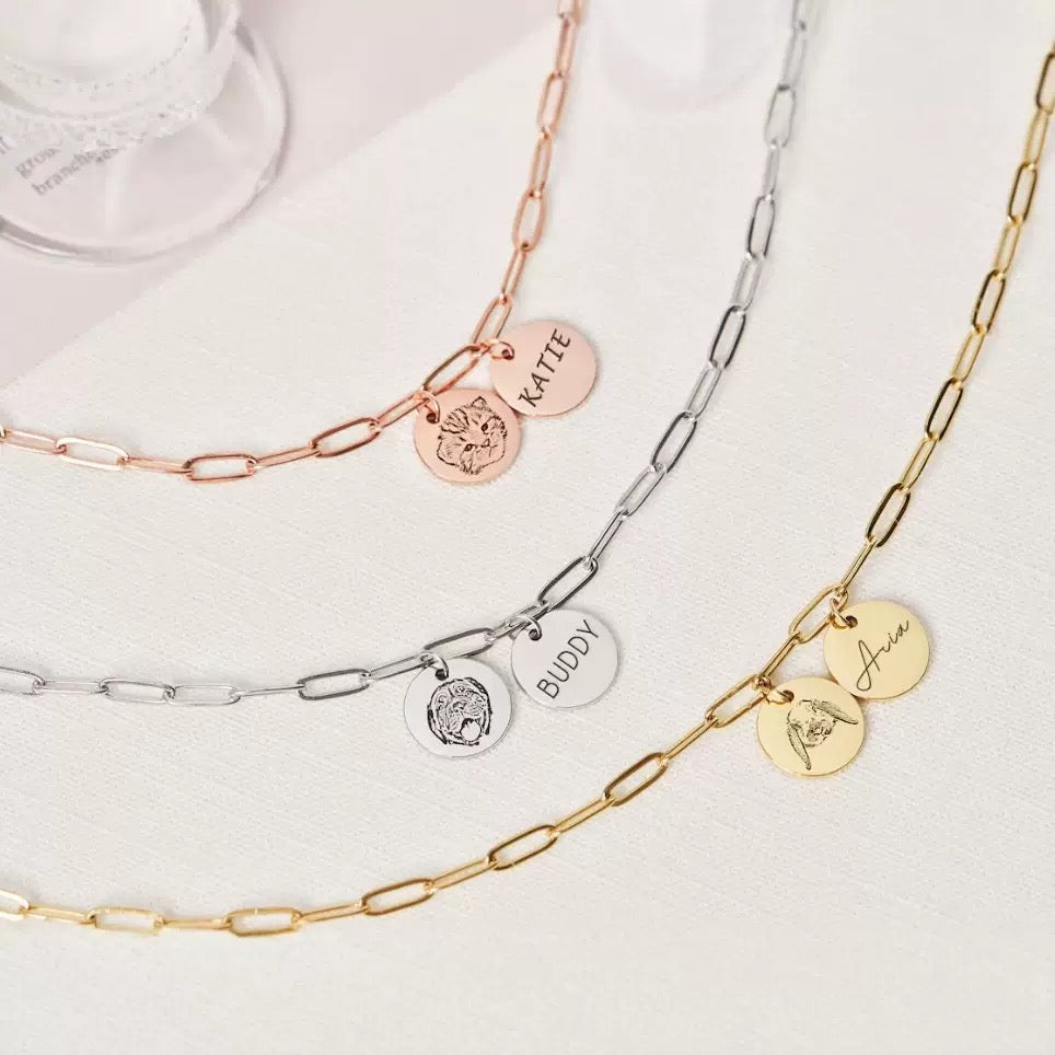 Personalised Pet Portrait Charm Necklace – Custom Photo & Name Engraved