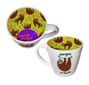 Hang in There Inside Out Mug with lazy sloth and “Lazy Days” print, fun ceramic cup with gift box.