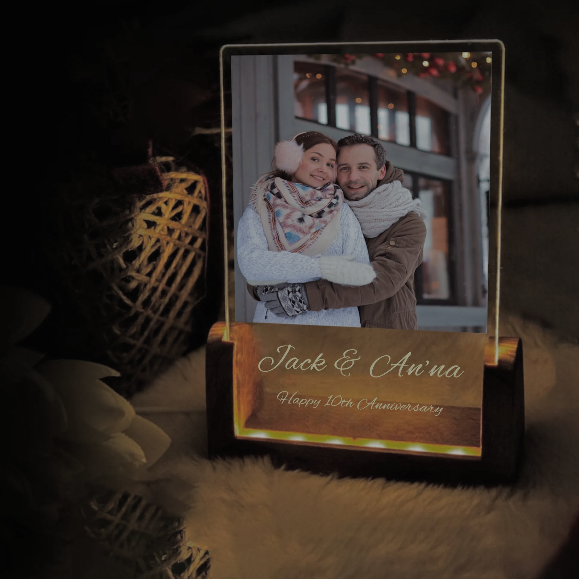 Personalised photo night light with wooden base showing a couple’s picture and engraved names “Jack & Anna – Happy 10th Anniversary”, romantic customised gift for her by Your Gifting NZ.