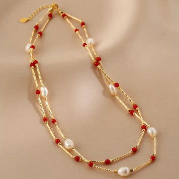 Handmade 14K Plated Red Agate Freshwater Pearl Necklace