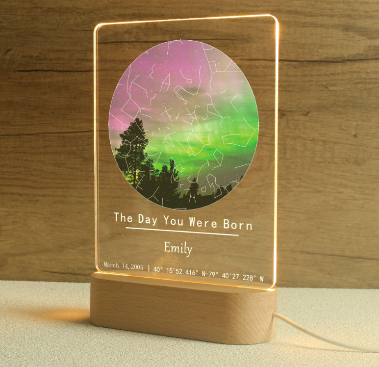 Personalised aurora star map night light with custom date and location – unique romantic gift