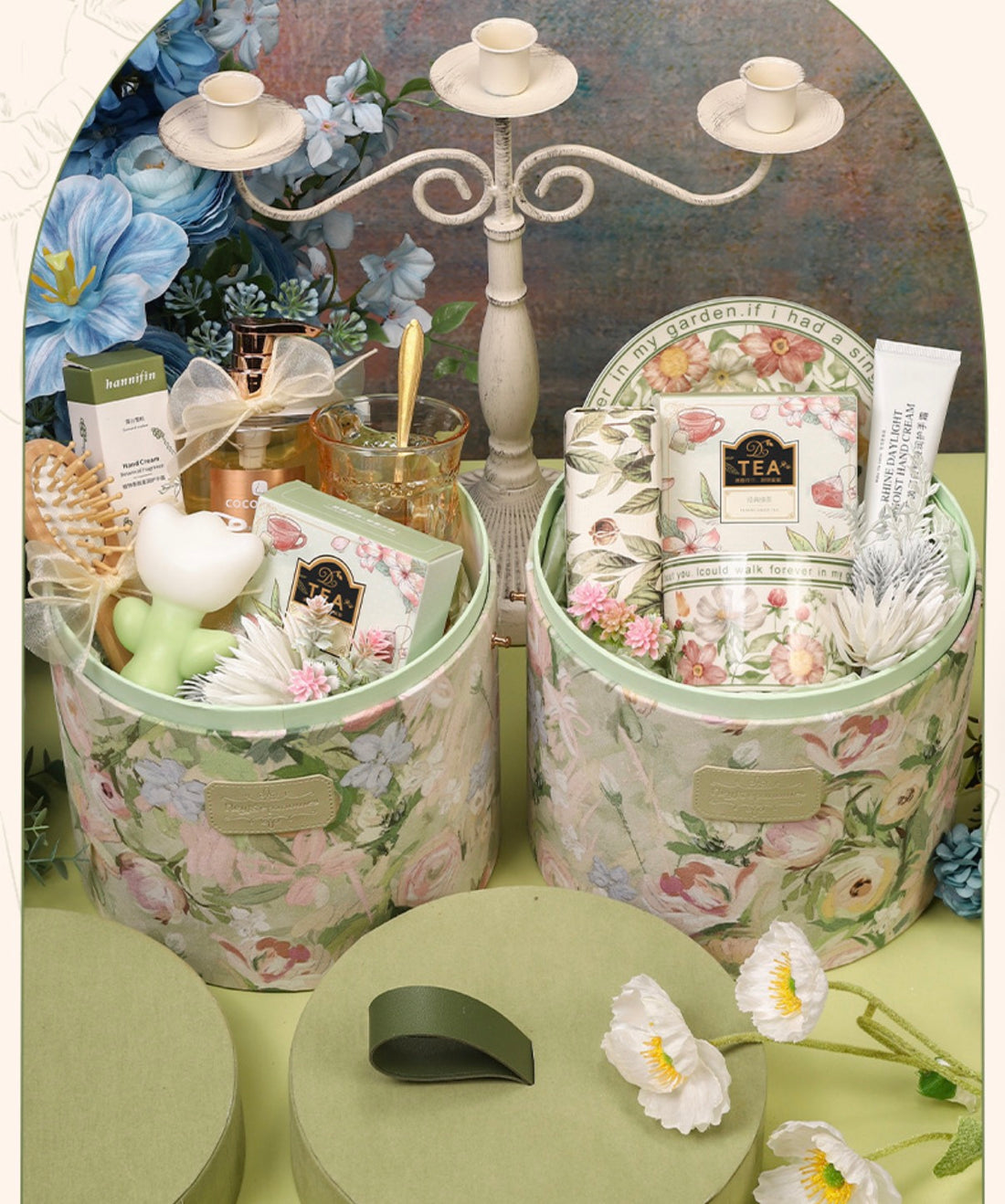 floral gift box for her with reusable bucket ceramic cup body care and car fragrance