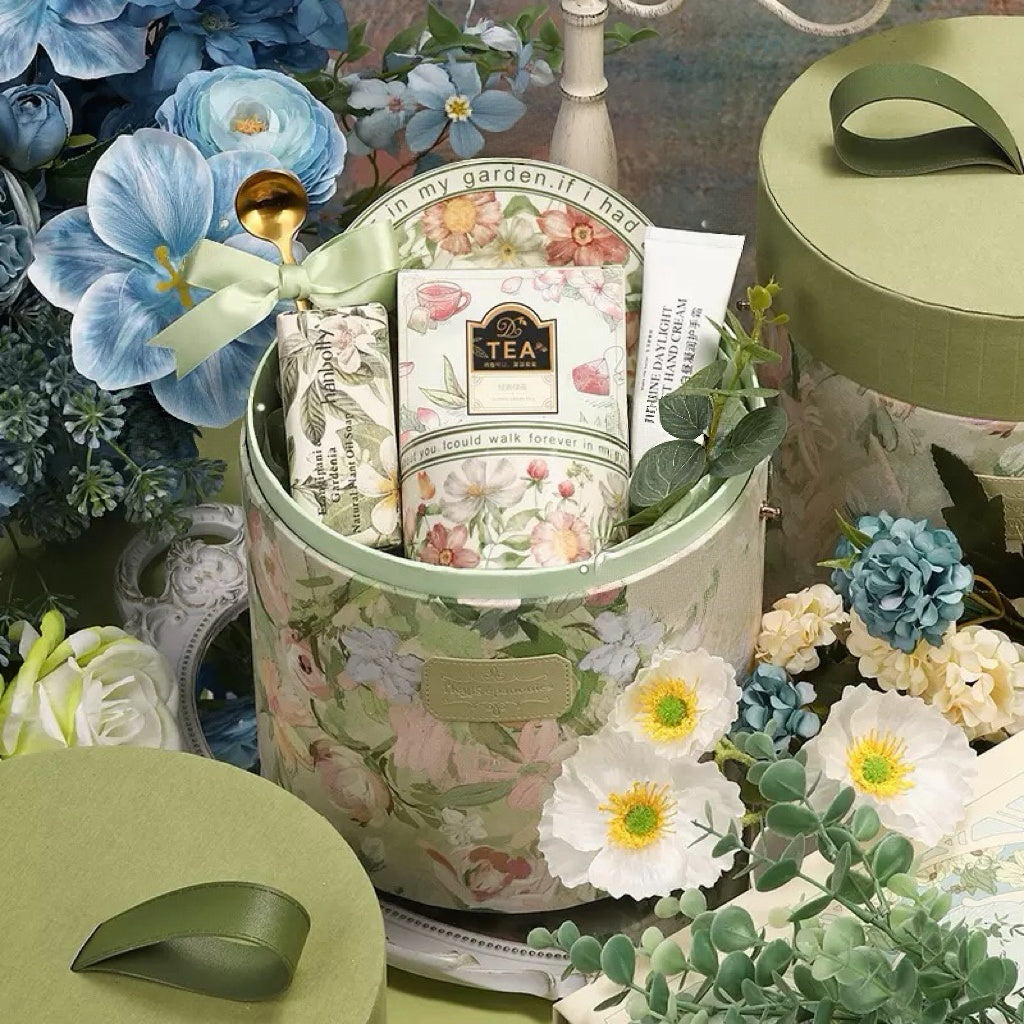 floral gift box for her with reusable bucket ceramic cup body care and car fragrance