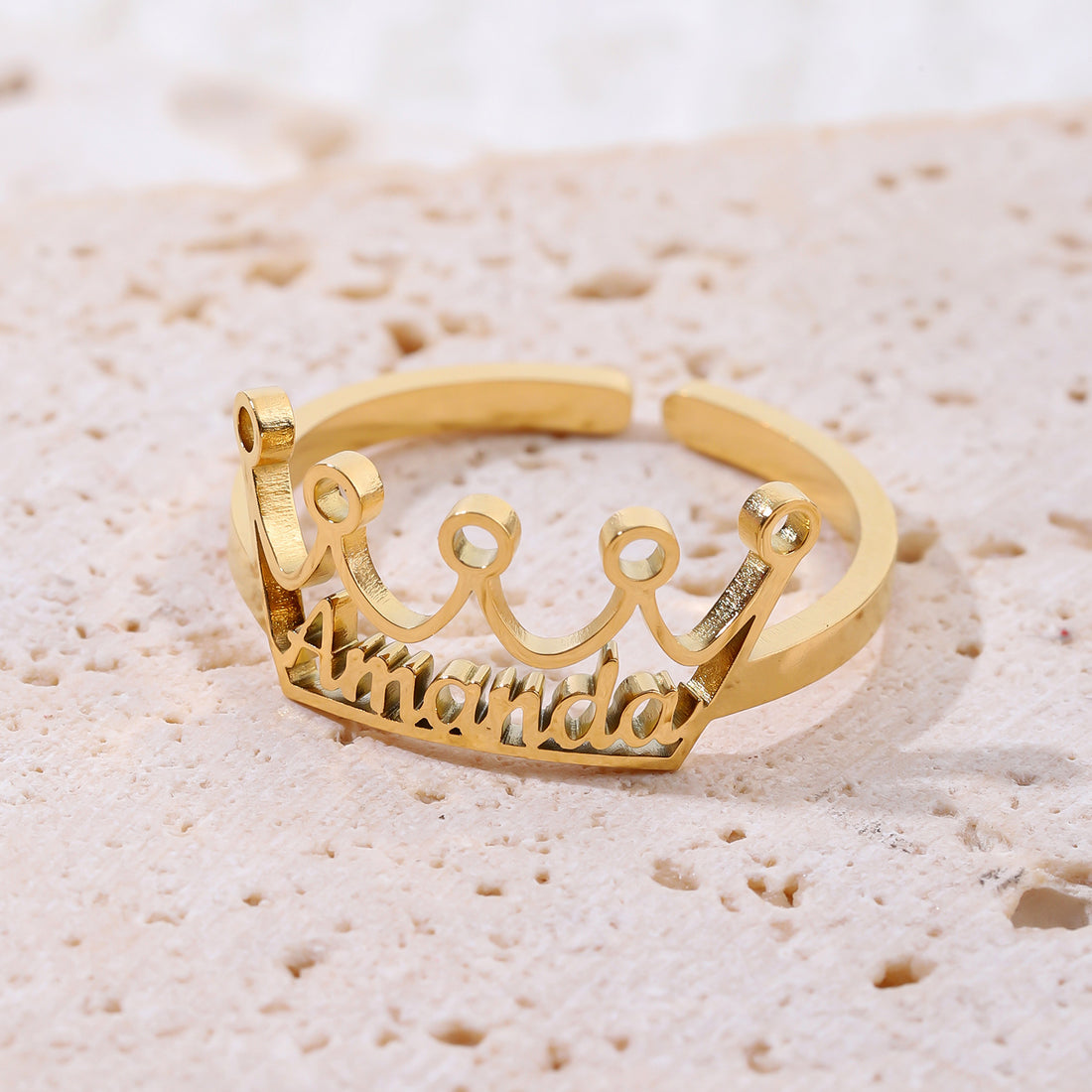 Personalised stainless steel crown name ring in gold and silver – adjustable engraved ring gift for her.