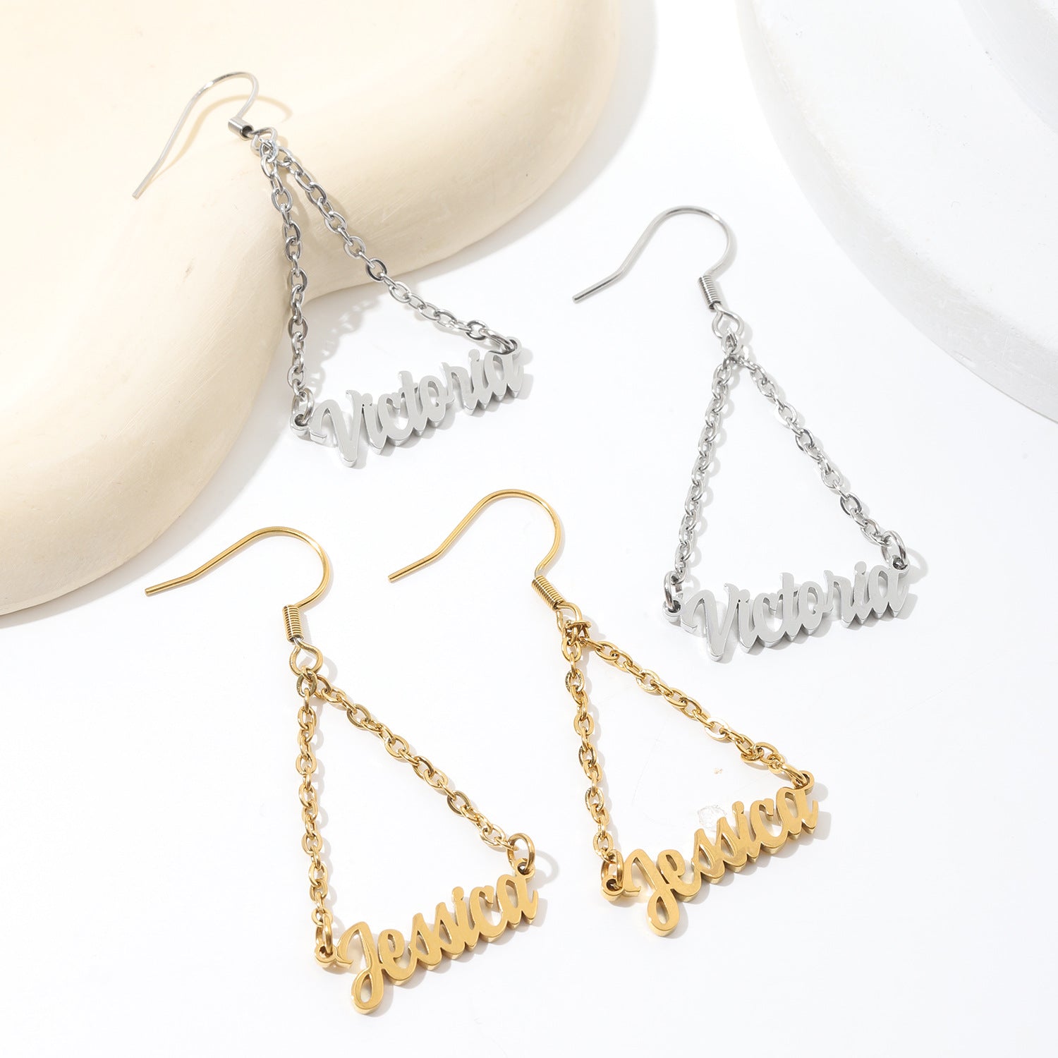 Personalised stainless steel triangle chain drop earrings with custom engraved names – stylish modern geometric earrings gift for her.