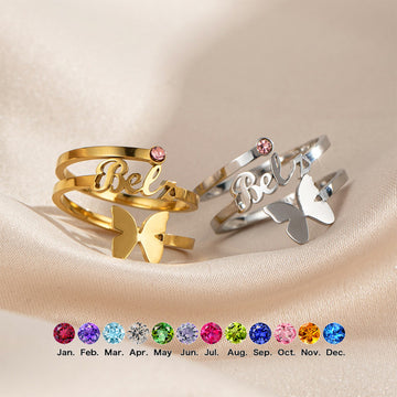 Personalised butterfly birthstone name ring with engraved name – triple band adjustable gift for her.