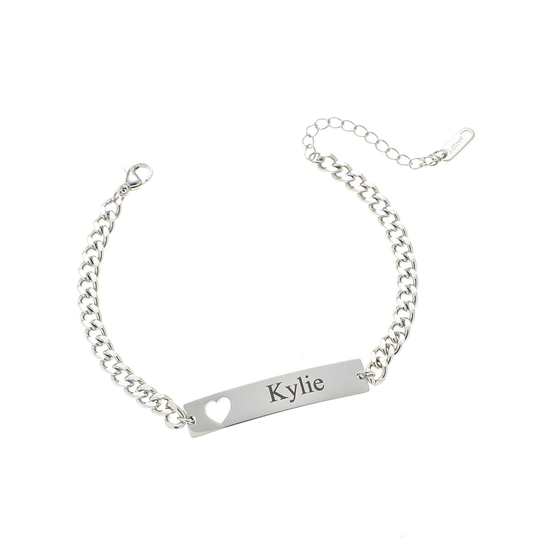 Personalised name bracelet with heart cut-out in gold, silver, and rose gold – custom engraved gift for her or him.