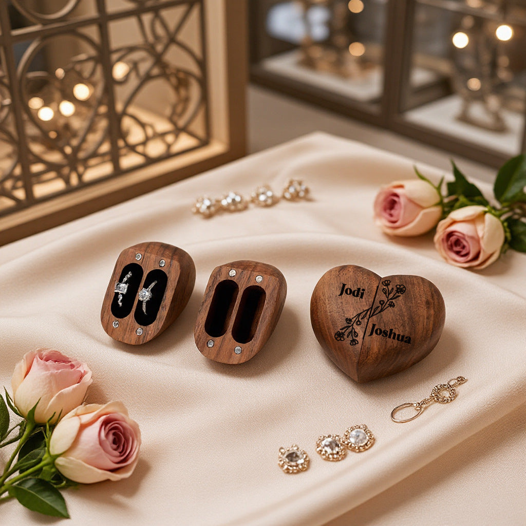 Personalised Heart Walnut Dual Ring Box – Custom Engraved Wedding Ceremony Keepsake