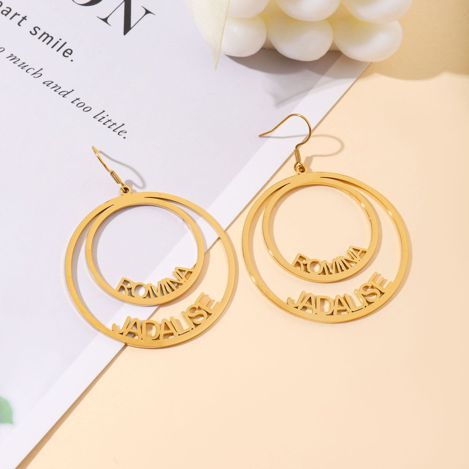 Personalised stainless steel double-circle name earrings in gold and silver – custom geometric hoop drop earrings gift for her.