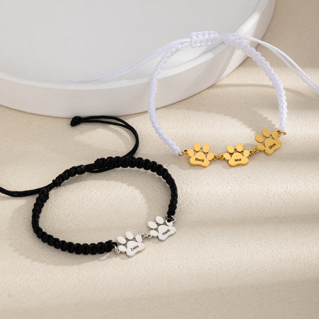 personalised pet paw bracelet with custom name engraved silver gold dog mum gift