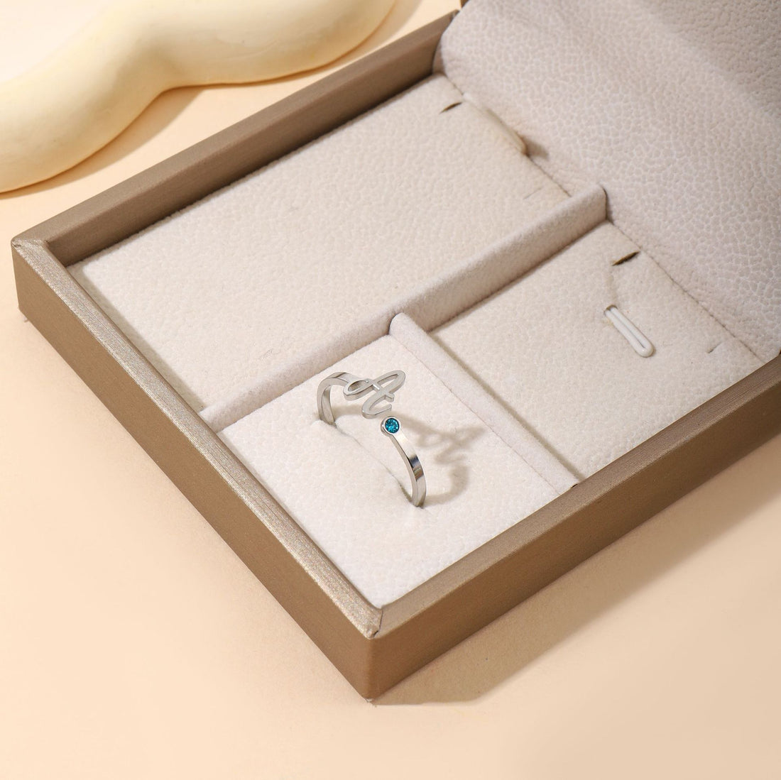 Personalised stainless steel initial open ring with birthstone crystal – adjustable minimalist jewellery gift for her.