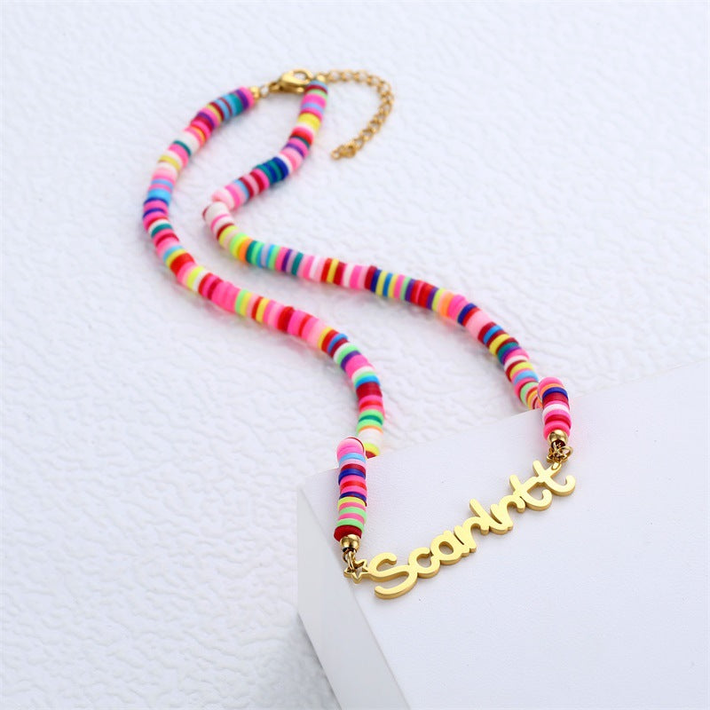 Custom clay bead necklace with personalised name on 18K gold-plated chain – fun gift for her