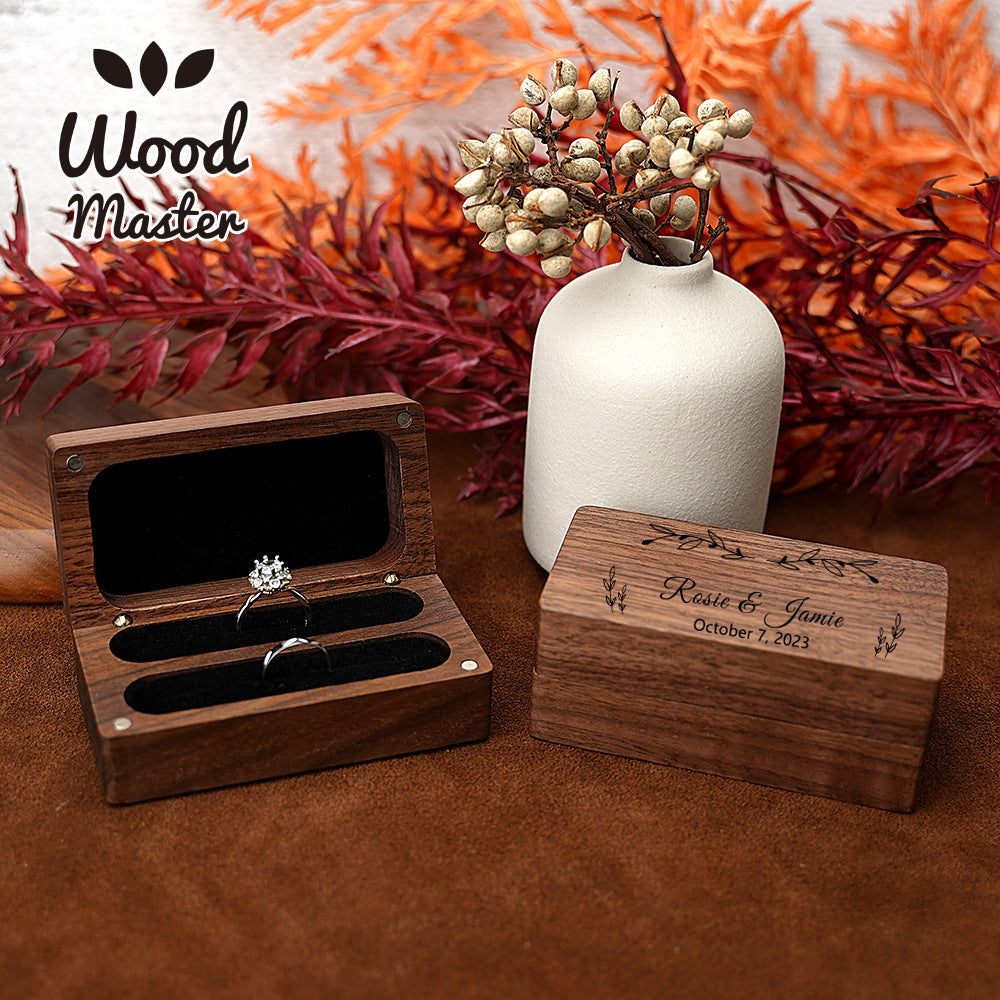 Personalised Walnut Dual Ring Box - Custom Engraved Rectangular Wedding Ring Holder