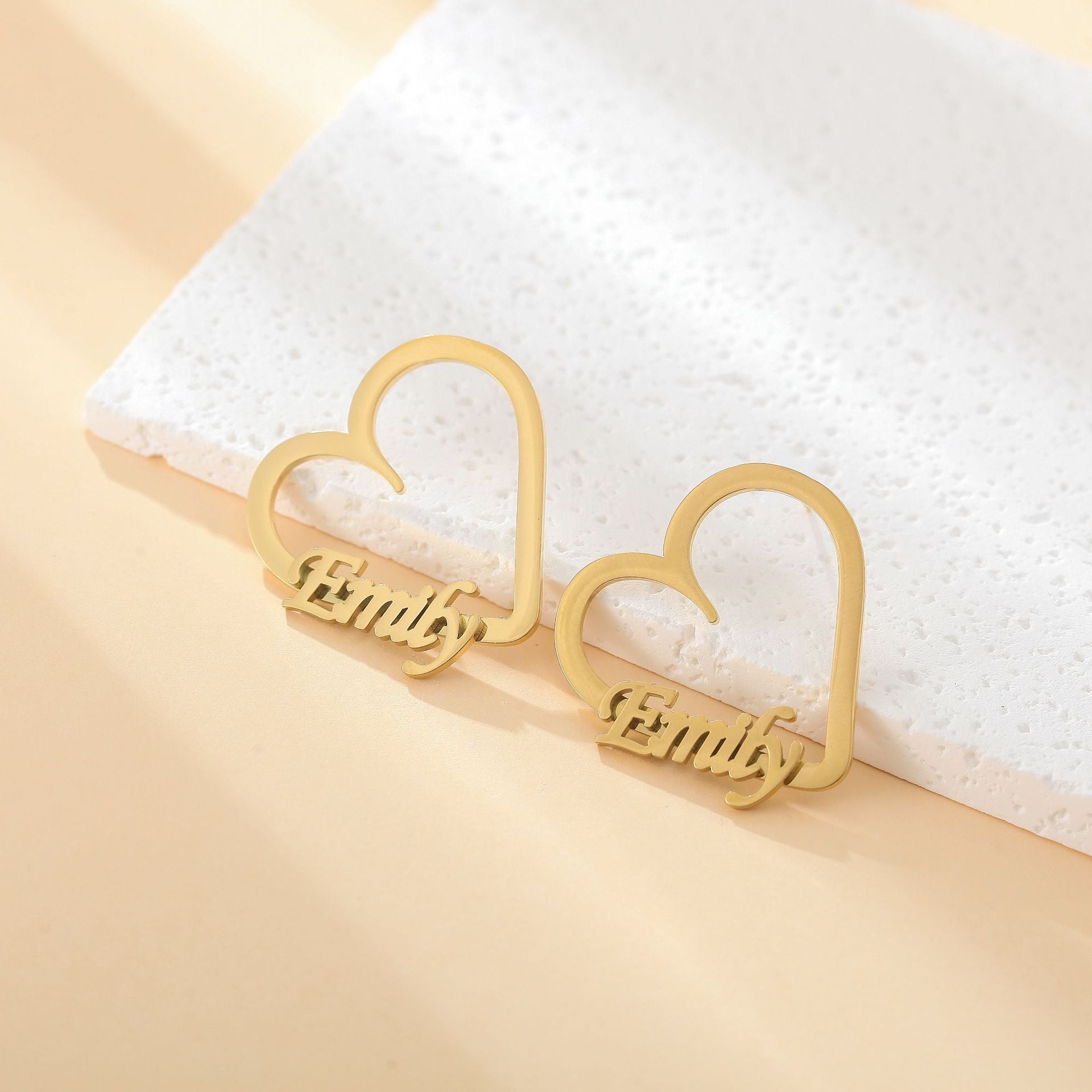 Gold personalized heart-shaped name earrings with “Emily” engraving – custom stainless-steel jewelry gift for her