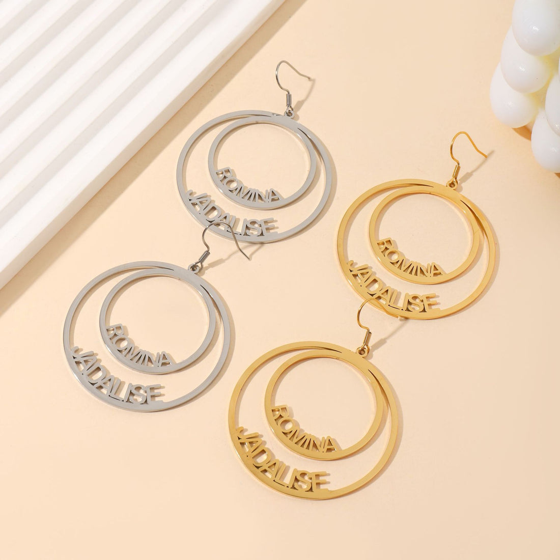 Personalised stainless steel double-circle name earrings in gold and silver – custom geometric hoop drop earrings gift for her.