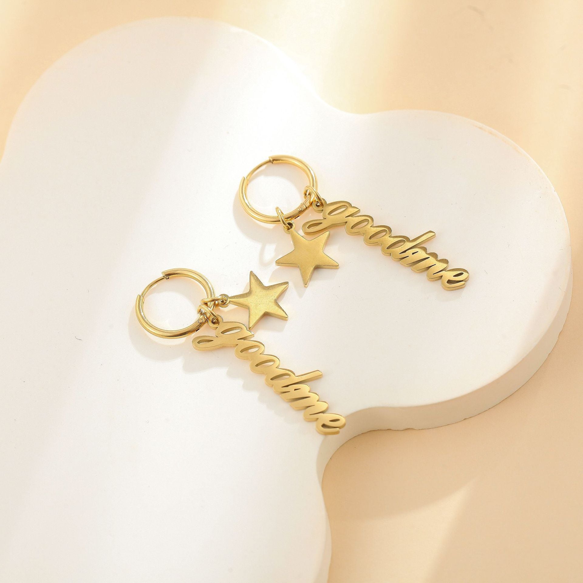 Gold personalized name hoop earrings with star charm – custom stainless-steel jewelry gift for women
