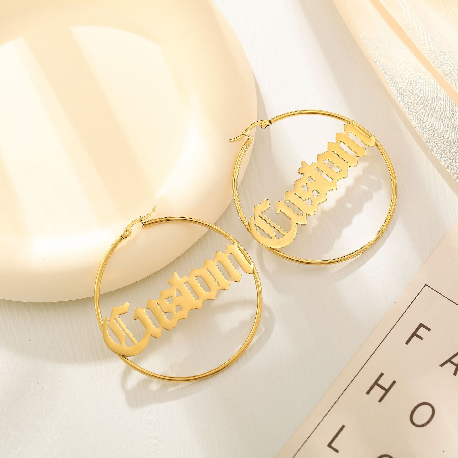 Gold custom name round hoop earrings with personalized lettering – stainless-steel jewelry gift for women