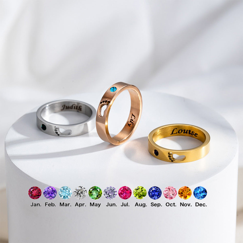 Personalised name ring with birthstone crystal in gold and silver – engraved adjustable band gift for her.
