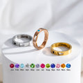 Personalised name ring with birthstone crystal in gold and silver – engraved adjustable band gift for her.