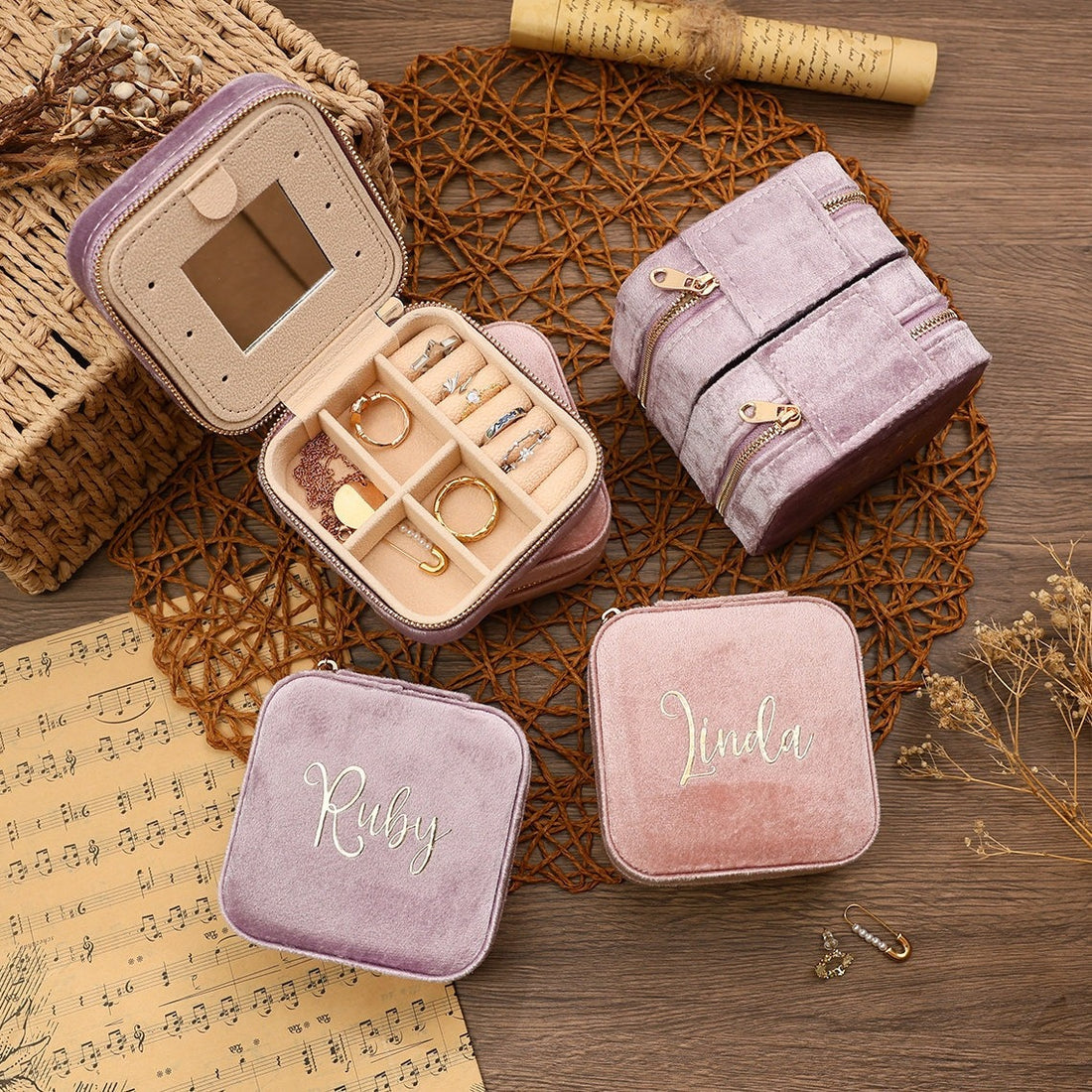 Personalised velvet jewellery box with custom name on the lid