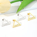 Personalised stainless steel triangle name stud earrings in gold and silver – minimalist geometric design gift for her.