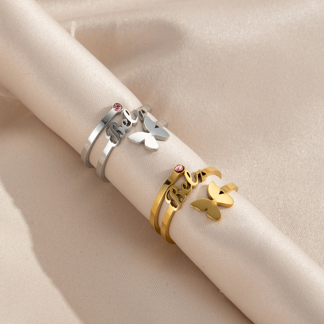 Personalised butterfly birthstone name ring with engraved name – triple band adjustable gift for her.