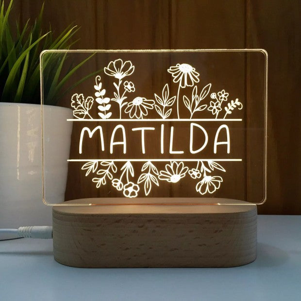 Personalised Kids Night Light With Custom Name - Flowers
