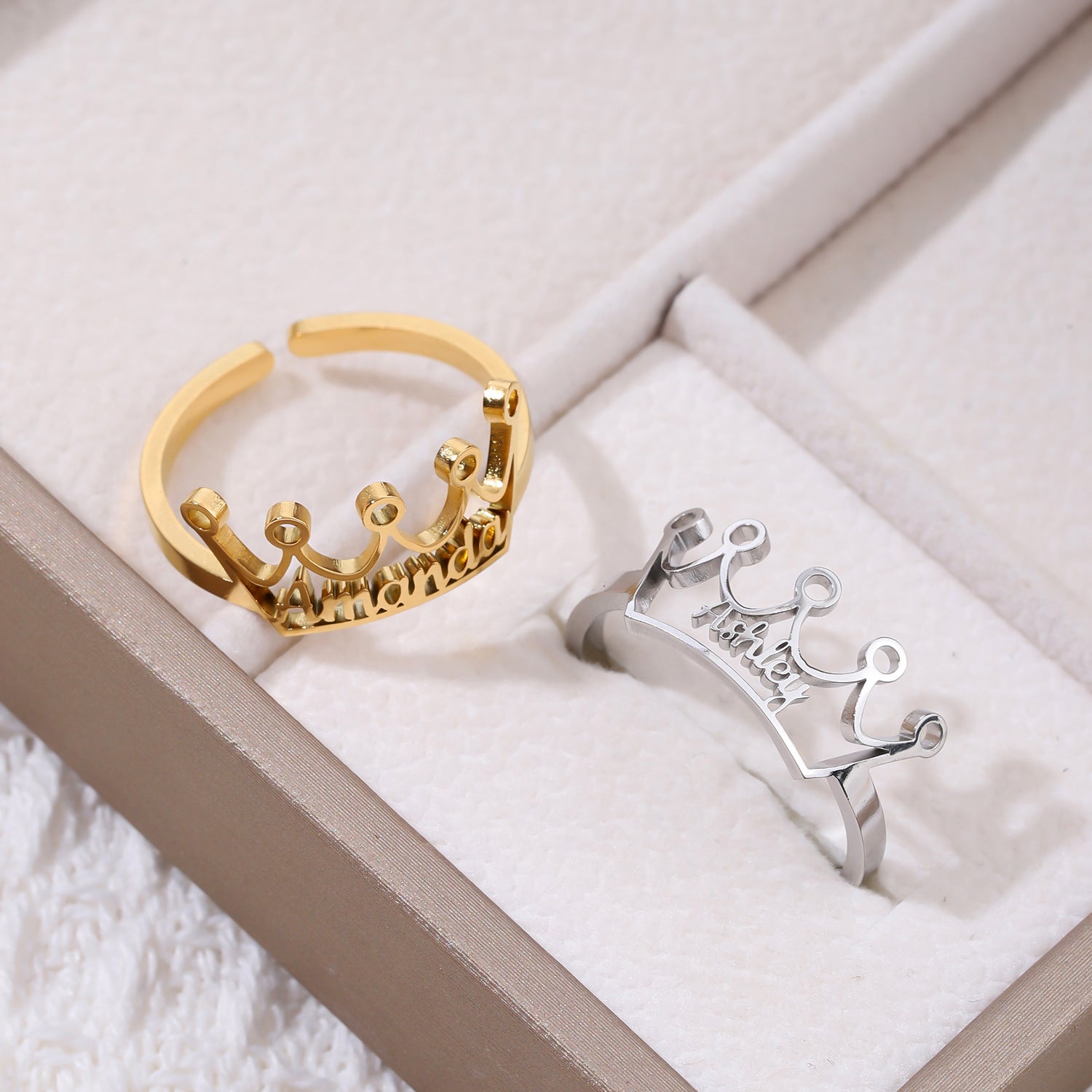 Personalised stainless steel crown name ring in gold and silver – adjustable engraved ring gift for her.