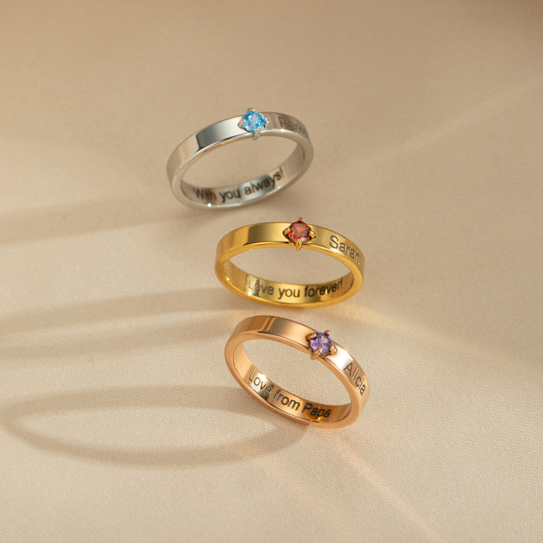 Personalised gold birthstone name ring with engraved name and inner message – adjustable custom jewellery gift for her.