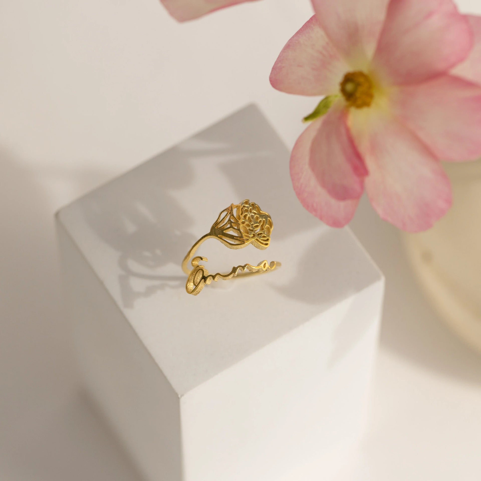Personalised Birth Flower Name Ring – Custom Gift for Her