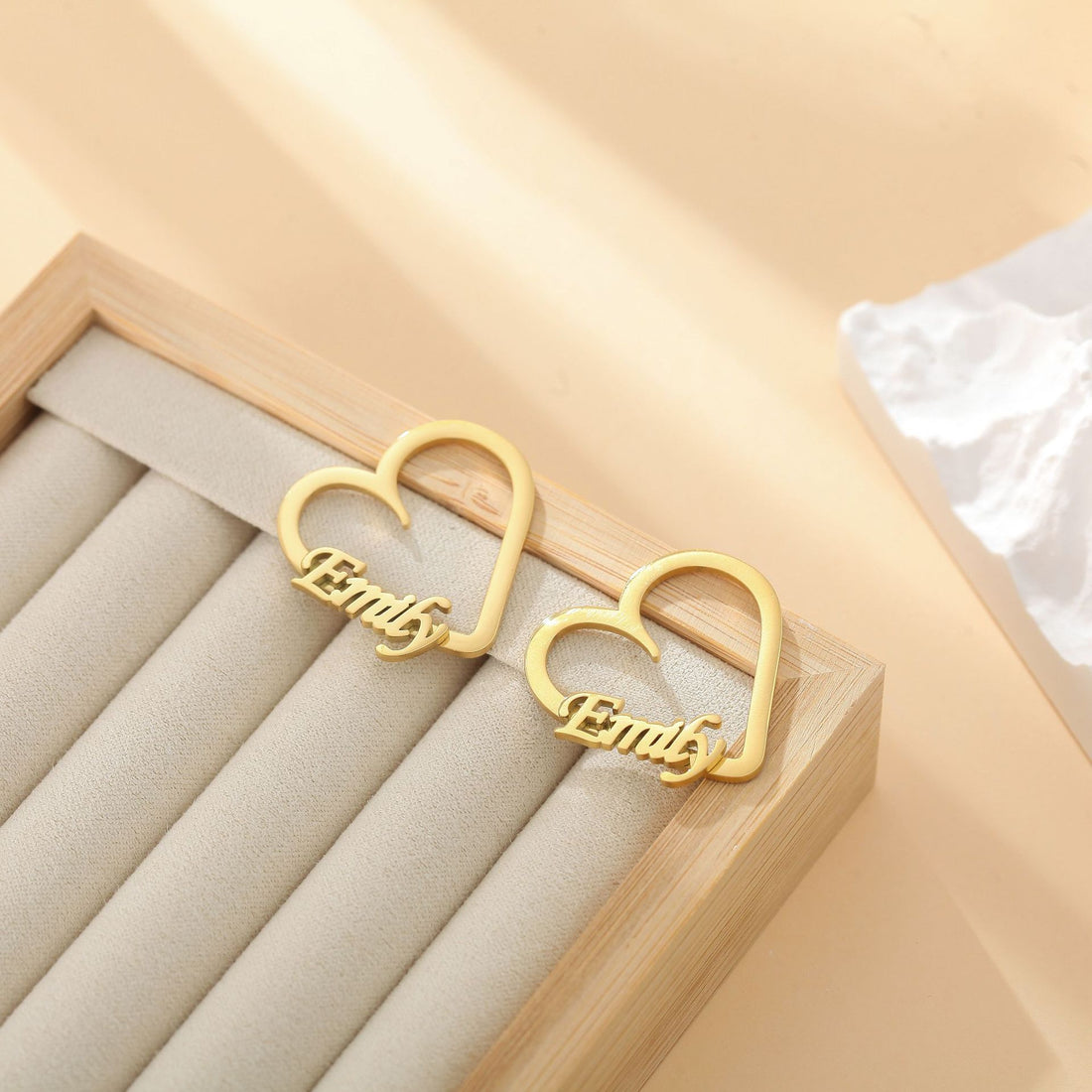 Gold personalized heart-shaped name earrings with “Emily” engraving – custom stainless-steel jewelry gift for her