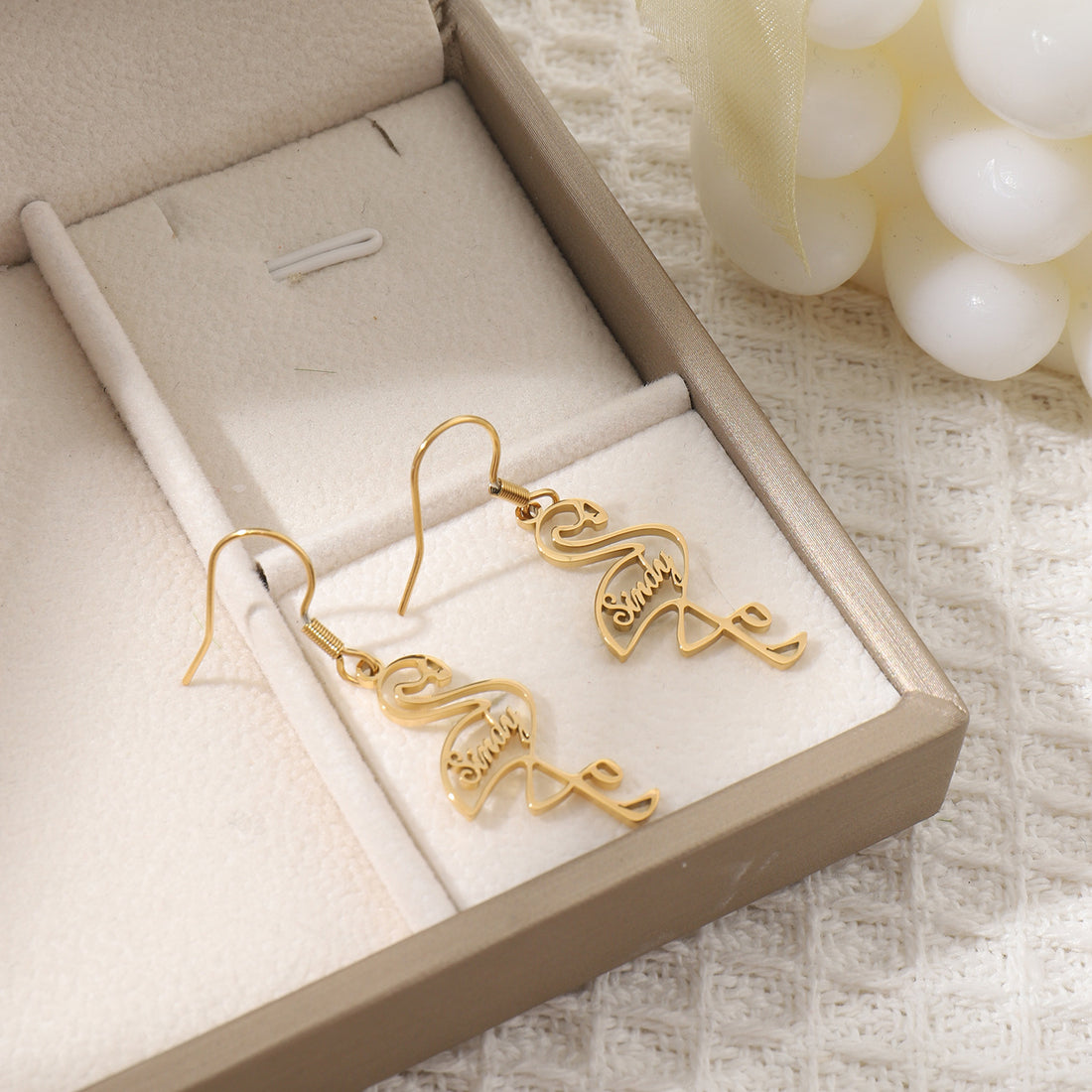 Personalised flamingo-shaped stainless steel earrings with custom engraved name – fun and elegant animal drop earrings gift for her.