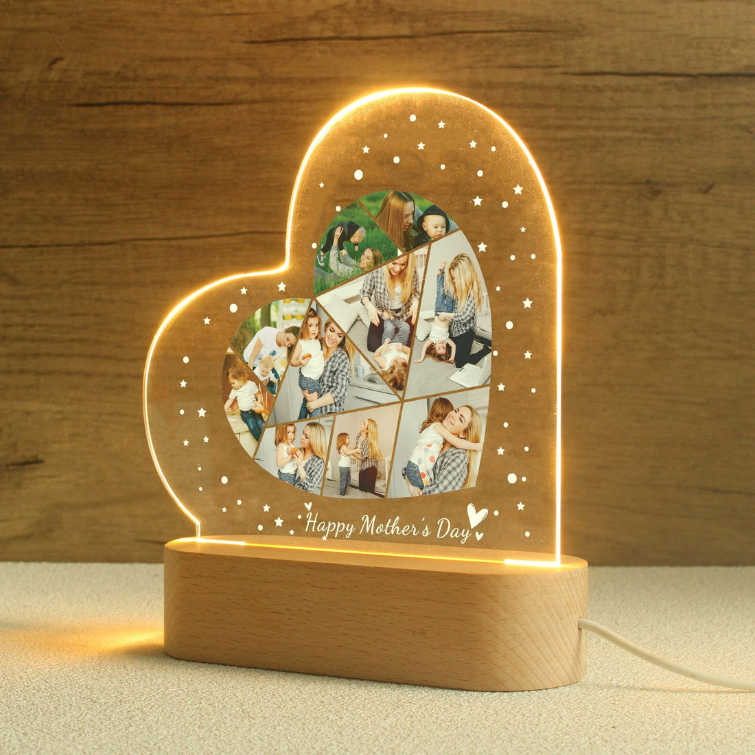 Heart-shaped personalised night light with custom photo – gift for Mum or her