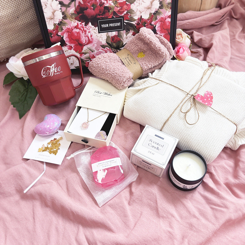 romantic gift box for her with cozy blanket, coffee mug, personalised necklace, candle and heart soap – thoughtful birthday gift box in New Zealand
