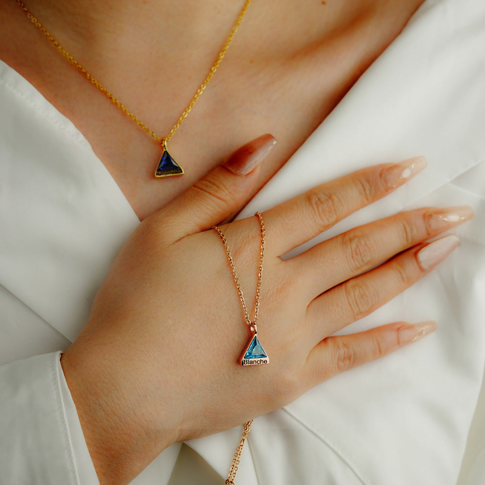 Triangle birthstone necklace with custom engraved name on pendant