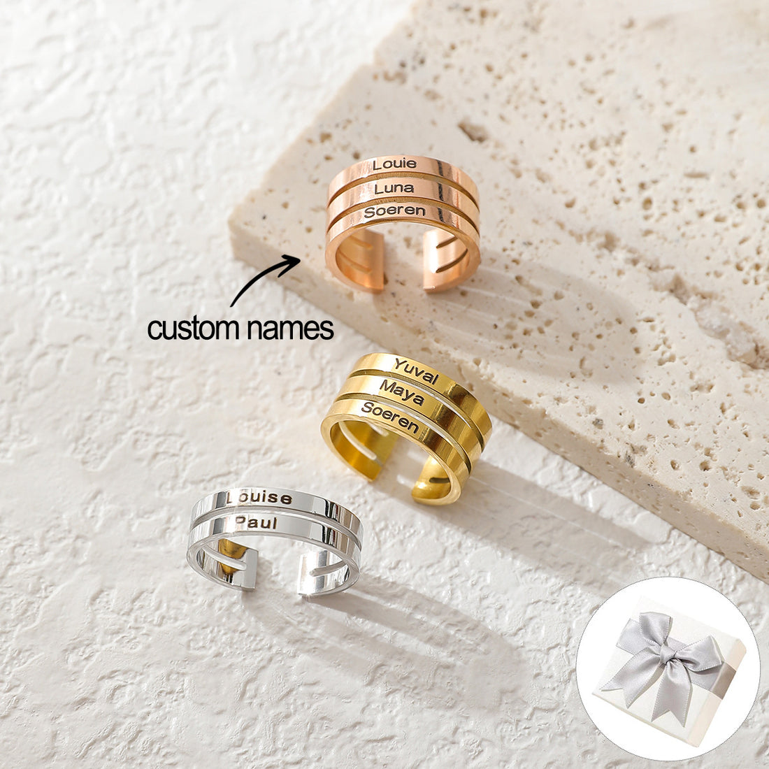 Personalised open ring with multiple engraved names in gold, silver, and rose gold – elegant family or friendship gift for her.