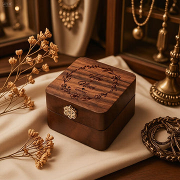 Personalised Square Walnut Ring Box – Custom Engraved with Floral Button Closure