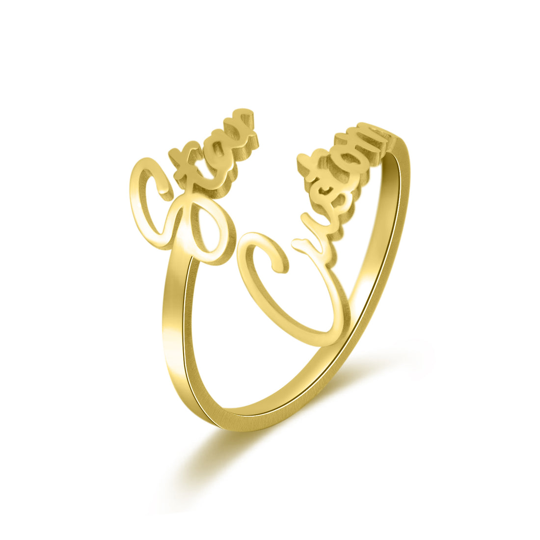 Personalised silver double name rings with layered script design – custom adjustable couple or friendship gift.