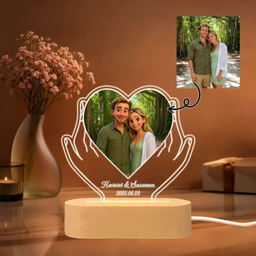 Personalised Hands & Heart Couple Night Light – Custom Photo & Name LED Gift