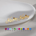 Personalised gold name stud earrings with custom script and birthstone crystal for each month – elegant stainless steel gift for her.