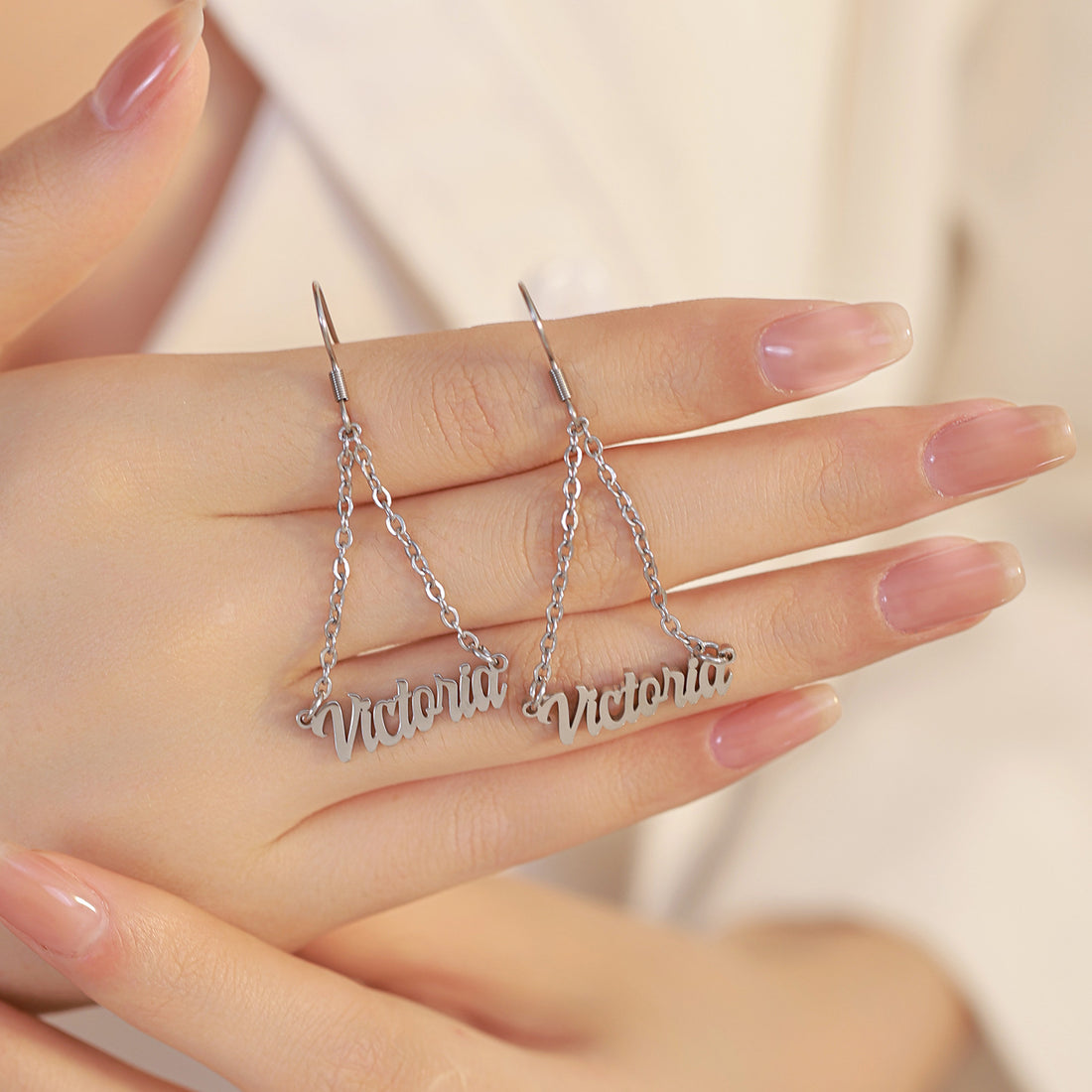 Personalised stainless steel triangle chain drop earrings with custom engraved names – stylish modern geometric earrings gift for her.